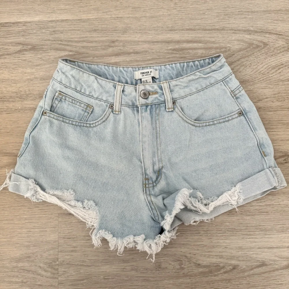 forever 21 medium blue wash high rise waisted denim jeans shorts bottoms